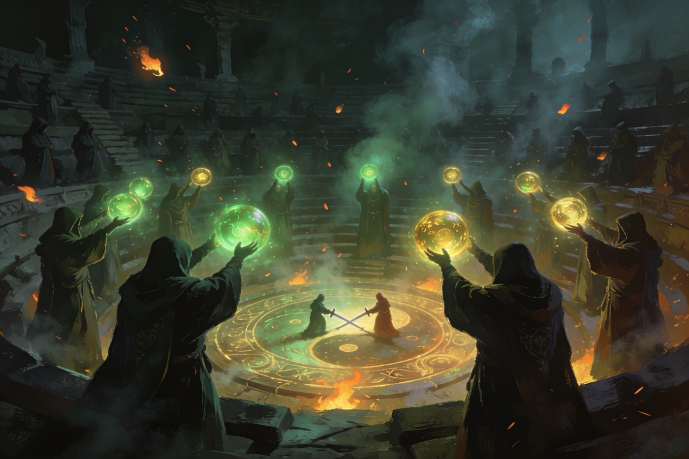 A mystical audience raising glowing orbs to vote in a live AI fantasy duel on Swipey