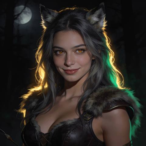 Selene, a wolf-girl AI character, amber eyes and emerald rim light